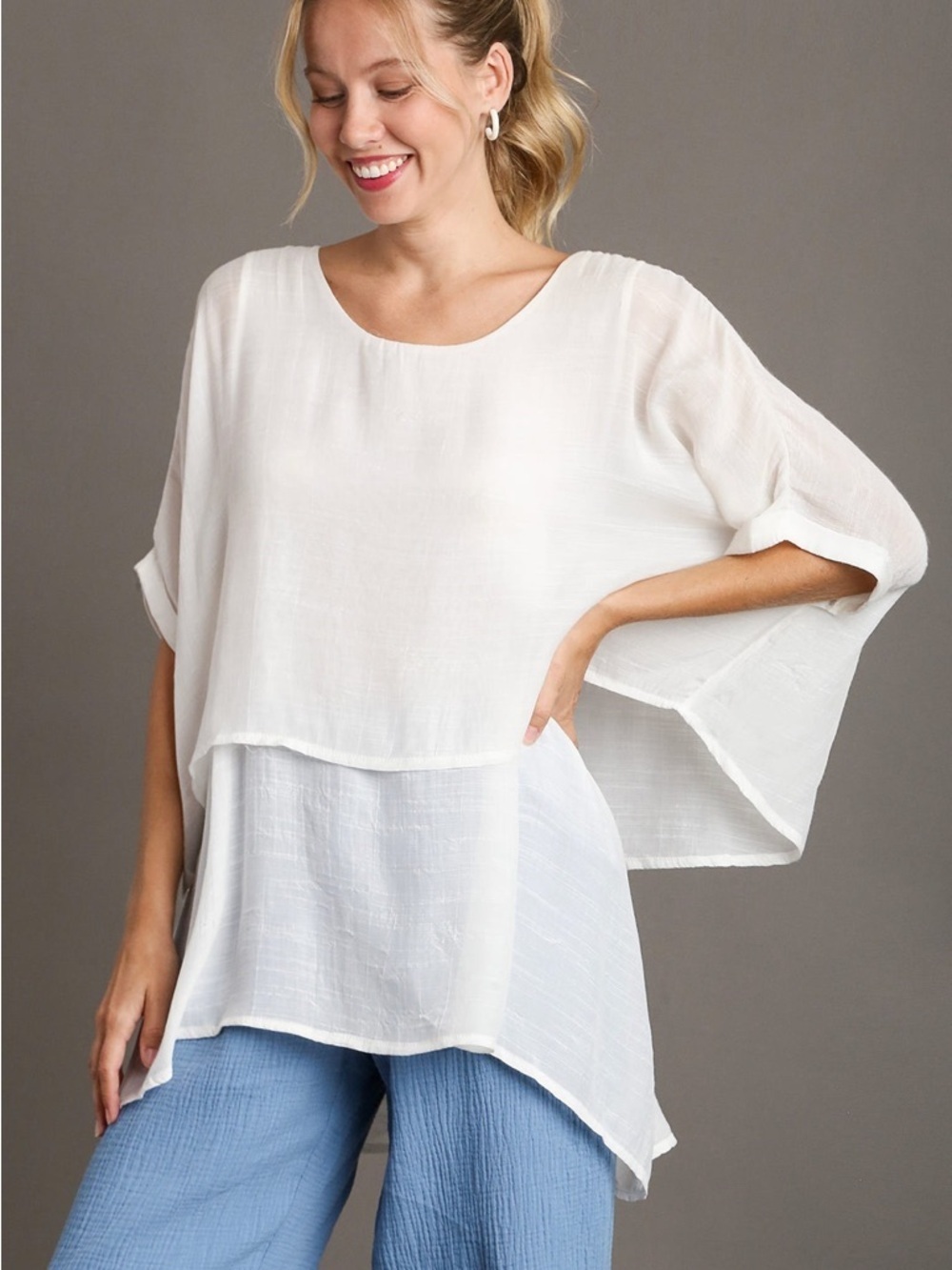 Umgee | White Layered Tunic Top, Oversized Boho Blouse, Size S